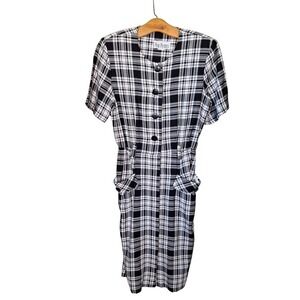 Vintage Black White Plaid Button Front Retro Dress Midi Women PETITE S/M